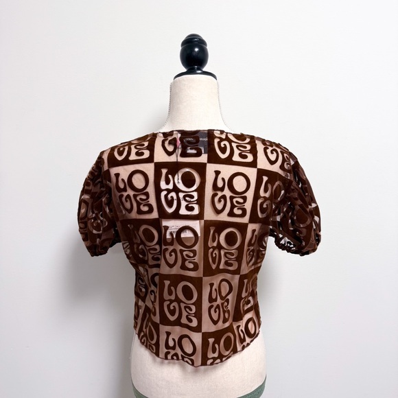 House Of Sunny Brown Casa Amor Velveteen Sheer Mesh Love Crop Short Puff Sleeve - Picture 5 of 10